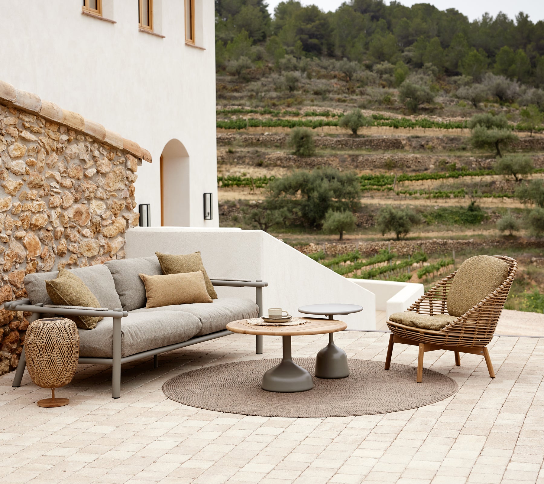 Ein stilvolles Lounge-Bereich mit einem gemütlichen Sofa mit Kissen, einem runden Teppich, einem modernen Beistelltisch und einem geflochtenen Loungestuhl, umgeben von Grünpflanzen.