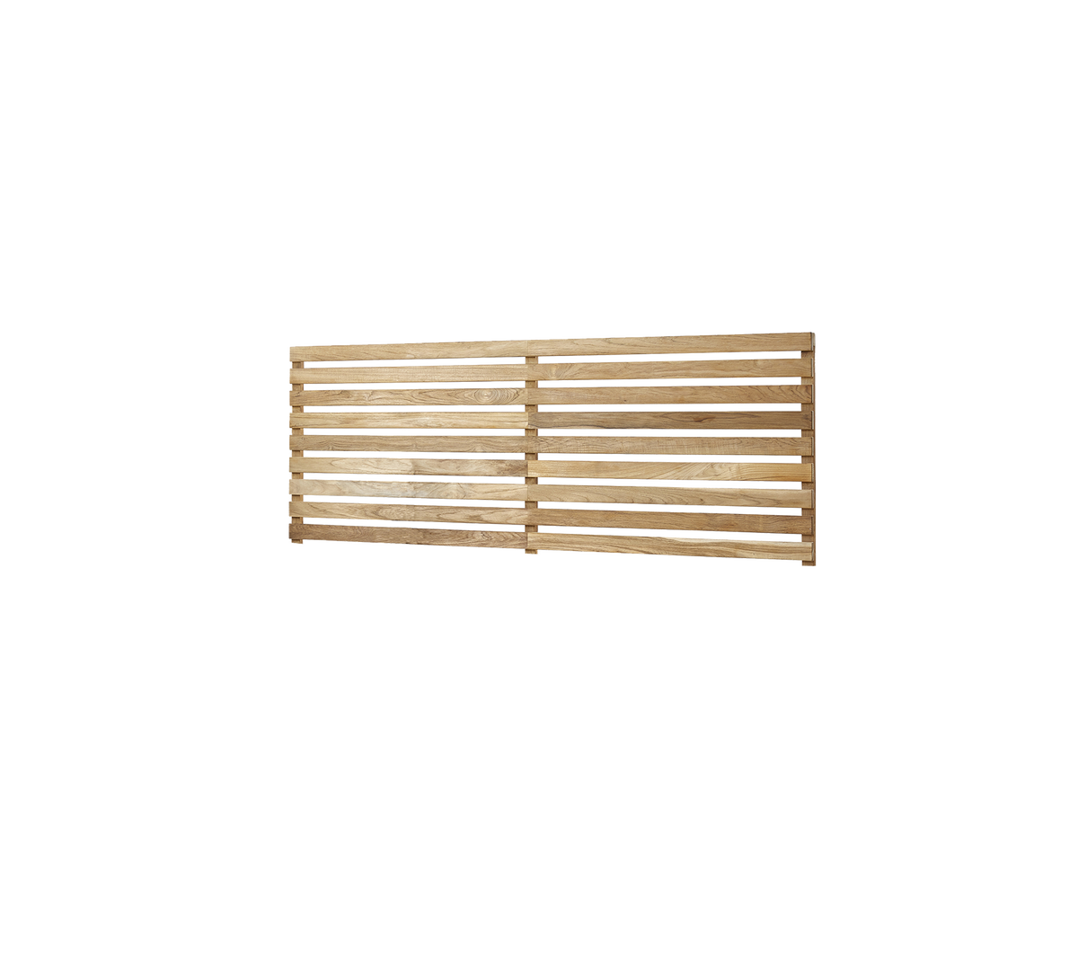 Holzlattenpaneel mit natürlichem Finish, das gleichmäßig verteilte Latten für Belüftung oder dekorative Zwecke aufweist.